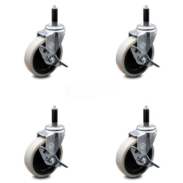 4 Inch Thermoplastic Wheel 7/8 Inch Expanding Stem Caster with Brakes, 4PK